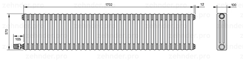Схема (чертеж) Радиатор Zehnder Charleston 3057/37 №V003 Technoline TL
